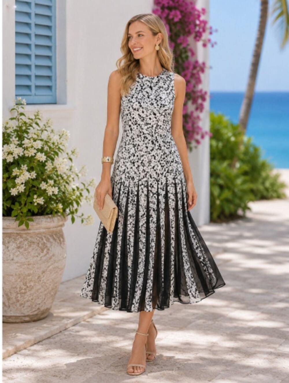 Tuckernuck Gray Gardens Andi Midi Dress Size 4 NWT Sleeveless Pleated Round Neck